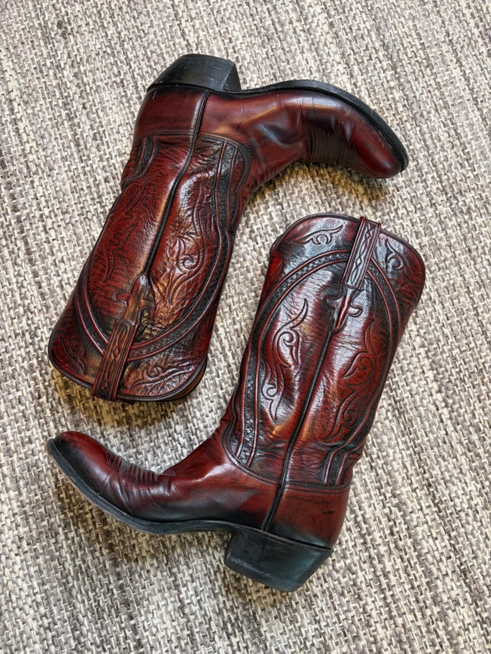 Lucchese Men's Oxblood Leather Western Cowboy Boots with Embossed Stitching